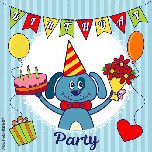 Birthday party invitation card or greeting card. A cartoon dog with a cake and a bouquet of flowers, balloons, a heart and a gift box. Vector illustration