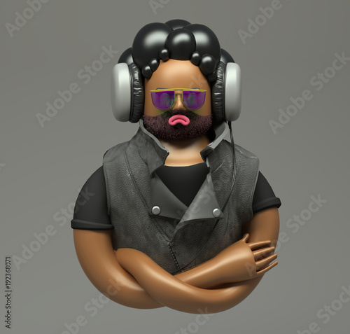 3d rendering. Grumpy cool dude in sunglases with bristle listening to music with big headphone. Cartoon rock style character. Cute figure isolated on grey background.