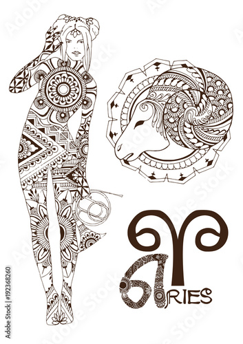 Aries made in mehndi style. Zodiac sign.