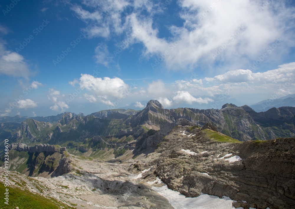 Landscape of the Alpstein and the Saentis which are a subgroup of the Appenzell Alps in Switzerland