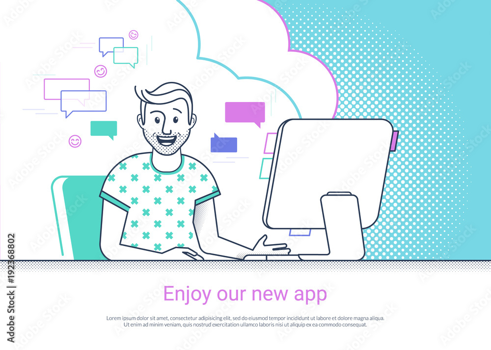 Glad man is working with computer. Flat fun line vector illustration of happy smiling student studying or working at home desk. Young guy enjoying website or pc app, he is glad to reading email news Glad man is working with computer. Flat fun line vector illustration of happy smiling student studying or working at home desk. Young guy enjoying website or pc app, he is glad to reading email news