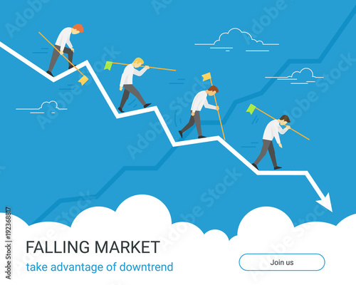 Falling markets and taking advantage of downtrend. Business graph down flat vector illustration of professional people with flags going together along falling arrow. Investors and traders us losers