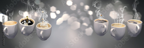 3d Lots of coffee cups floating in zero gravity. Soft slightly pink abstract background with blurred lights , cat eye bokeh with geometric hexagonal iris. Long horizontal format.