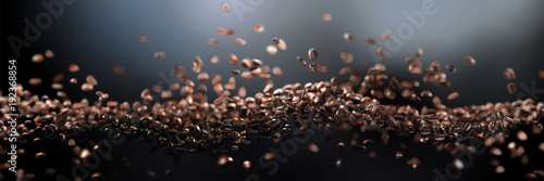 3d realistic falling coffee beans, floating wave with focus on foreground.Dark abstract background . Long horizontal format.