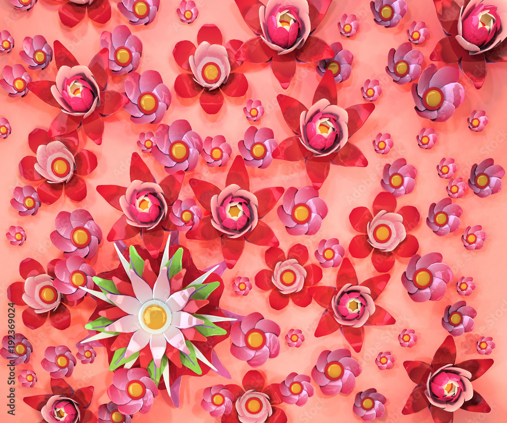 3d cartoon stylized lotus flowers.  Bright  blossoms on pink background.