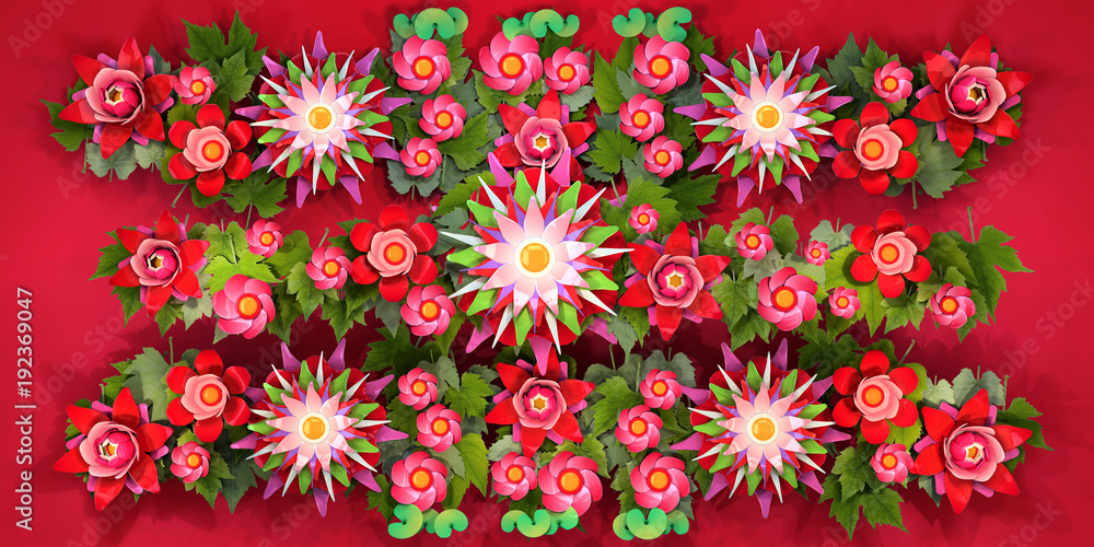 3d cartoon stylized lotus flowers. Bright blossoms with green foliage on red background. Row plant, border pattern.