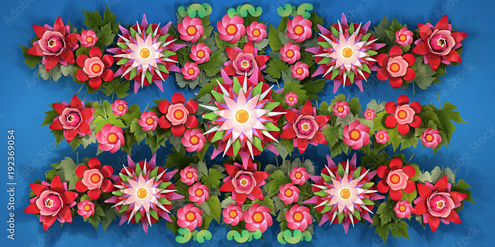 3d cartoon stylized lotus flowers on water.  Bright pink blossoms with green foliage  on blue background. .Row plant, border pattern.