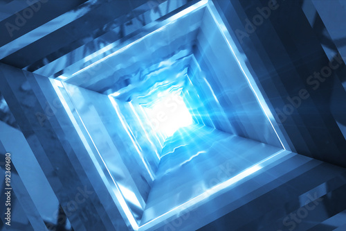 Abstract technology square tunnel. Blue metal or crystal concstruciton sharp corners with reflections the camera rotates and moves forward towards the White light. .3d rendering illustration