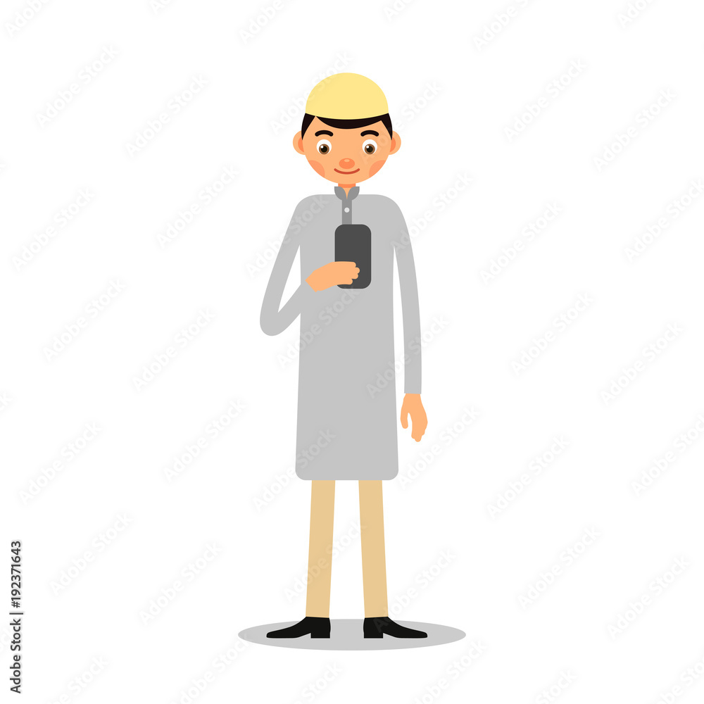 Muslim with phone. Young Muslim man stands and shows information on a mobile. Muslim or Arab uses phone to send an e-mail or messages. Illustration in flat style. Isolated Muslim with phone. Young Muslim man stands and shows information on a mobile. Muslim or Arab uses phone to send an e-mail or messages. Illustration in flat style. Isolated