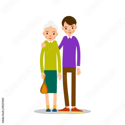 Grandmother young man. Young guy is standing next to an elderly woman and hugs her shoulders. Happy family concept. Cartoon flat illustration isolated on white background