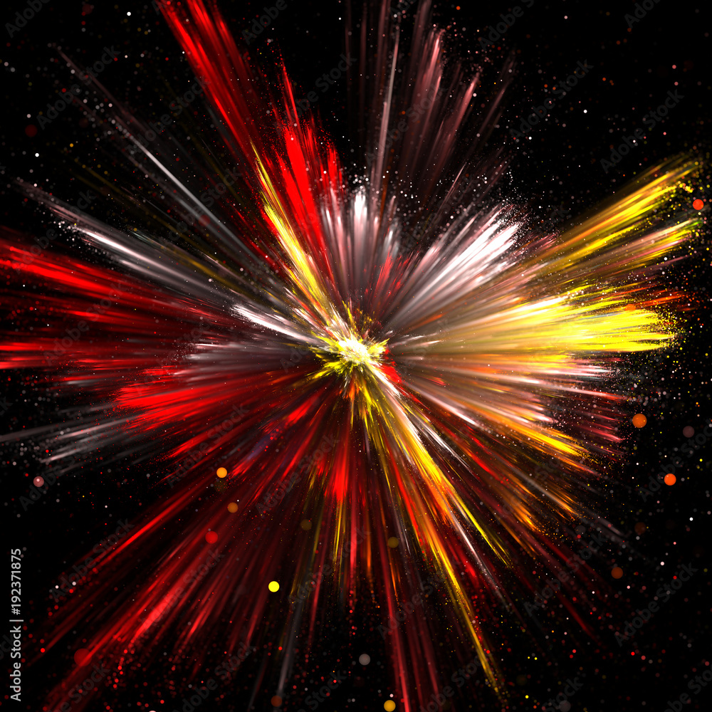 Explosion of yellow, red and white powder with depth of field Explosion of yellow, red and white powder with depth of field