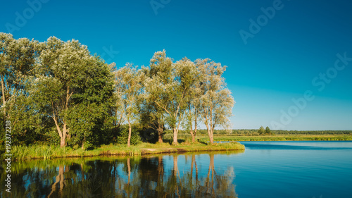 Water Surface Of Lake Pond River At Summer Sunny Evening. Nature