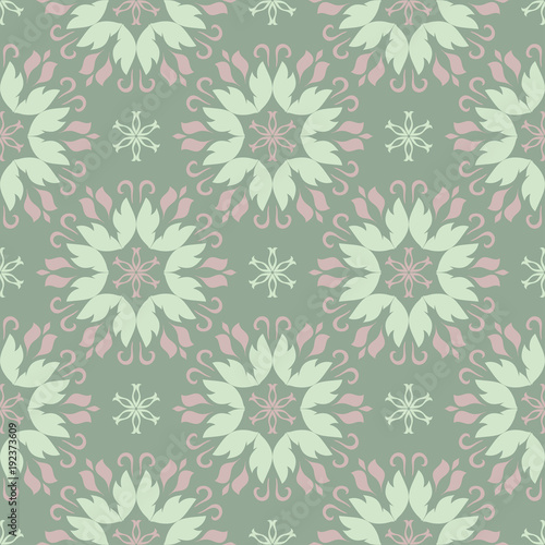 Floral seamless pattern. Olive green background with pale pink flower elements