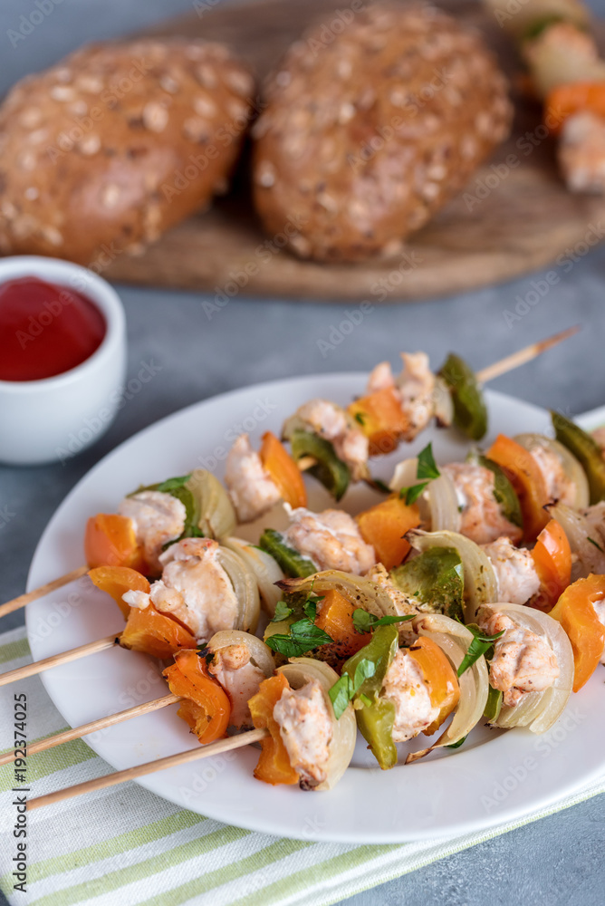 Skewers with chicken, peppers and onions. Skewers with chicken, peppers and onions.
