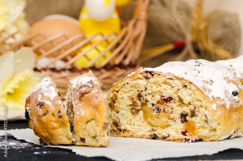 Sweet Easter bread with marzipan, candied fruits, nuts, dried fruits.
