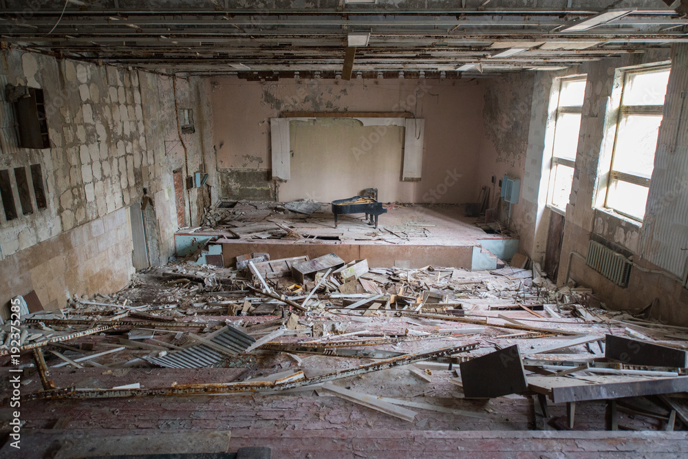 Abandoned music concert hall bulding in Chernobyl exclusion zone, Pripyat, Ukraine