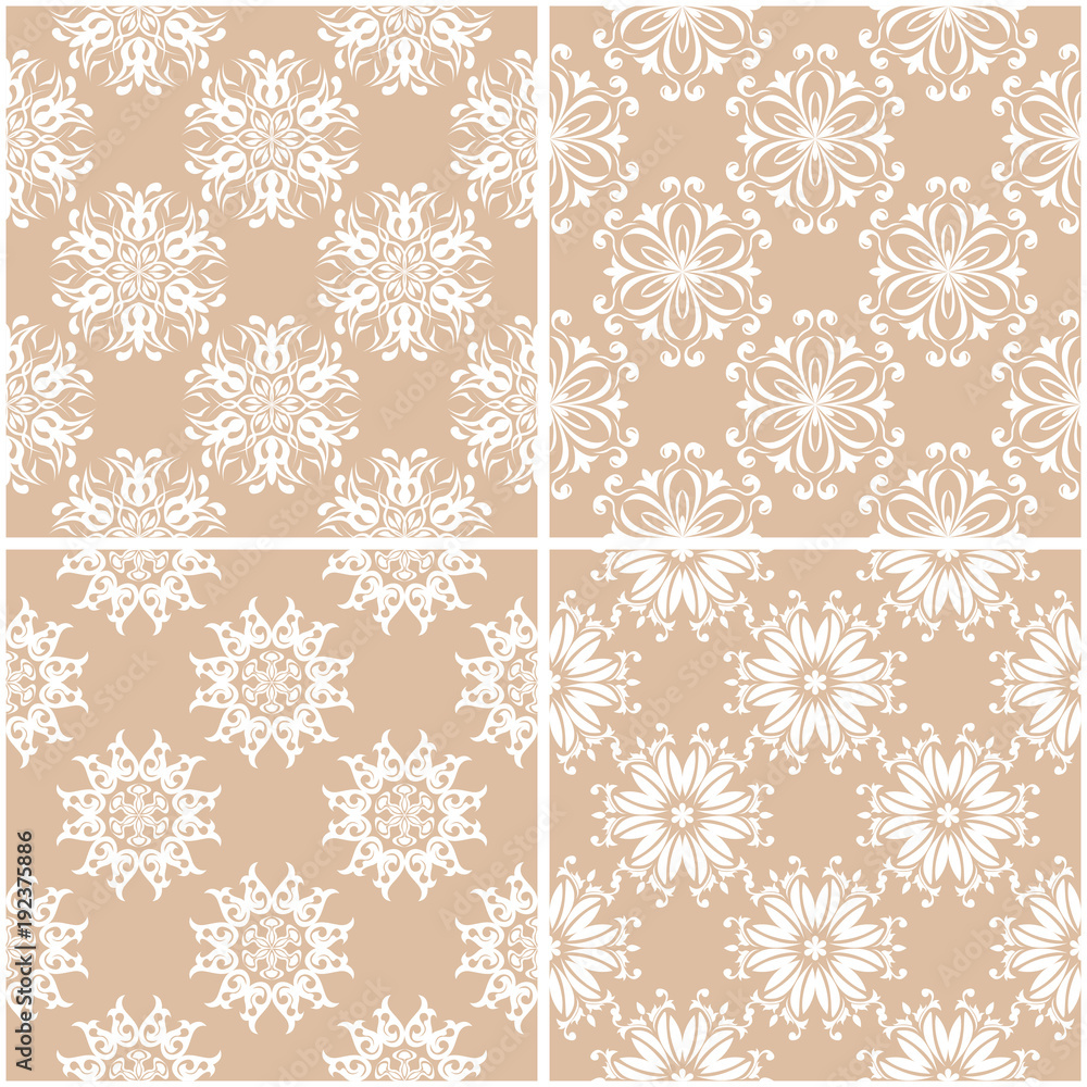 Floral patterns. Set of beige and white seamless backgrounds Floral patterns. Set of beige and white seamless backgrounds
