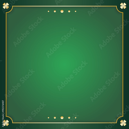 irish green square greeting card. Green background with copy space and gold decoration to the edges. Vector illustration.