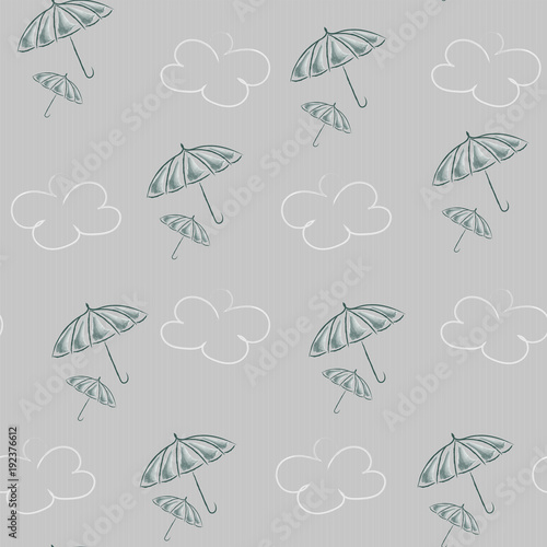 Vector illustration of a seamless pattern with rain, umbrella and cloud on a gray background
