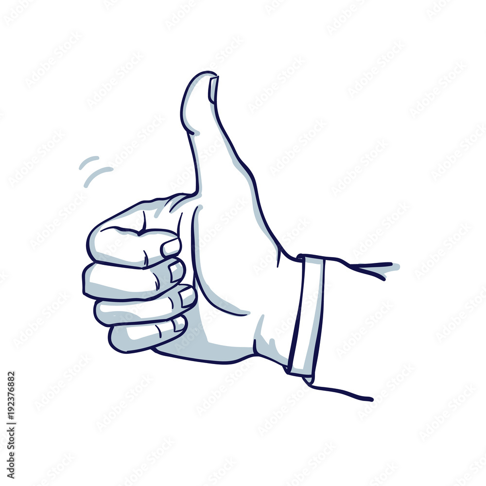 A man's hand shows a thumbs-up. Well done. Success. Hand drawn doodle  cartoon vector illustration.. Stock Vector | Adobe Stock