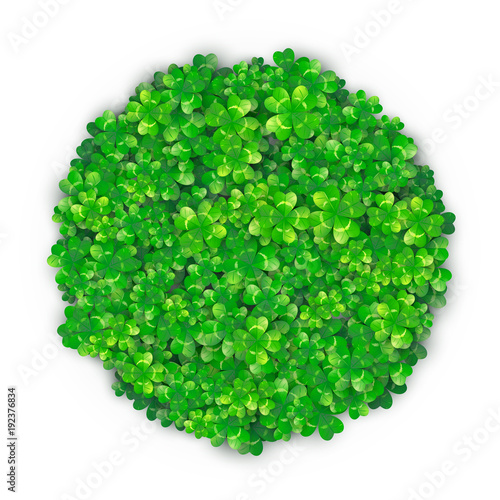 Patricks Day background in round circle shape with four green clover heap