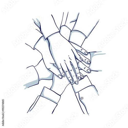 Stack of business hands. Team together. Hand drawn doodle cartoon vector illustration..