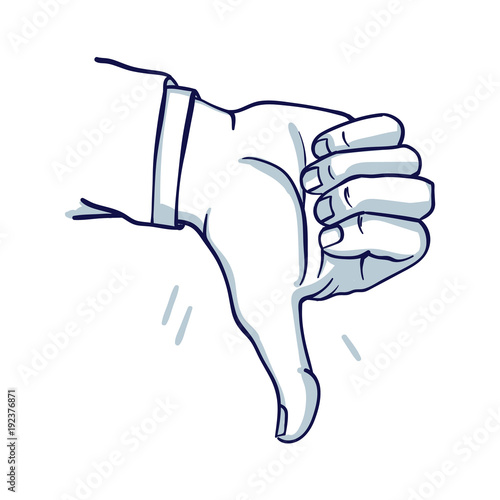 A man's hand shows a thumbs down. Failure, do not like. Hand drawn doodle cartoon vector illustration..