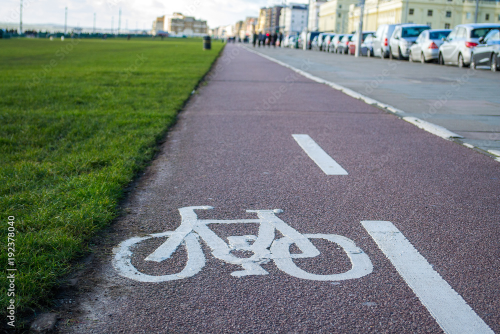 Obraz premium Cycle path beside road and green sports field