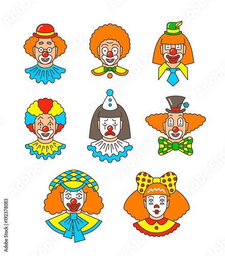 Clown faces different thin line avatars. Colorful vector flat linear icons. Cartoon illustration. Circus men and girl smiling outline portraits with different makeup, hair and hats