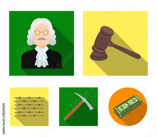 Judge, wooden hammer, barbed wire, pickaxe. Prison set collection icons in flat style vector symbol stock illustration web.