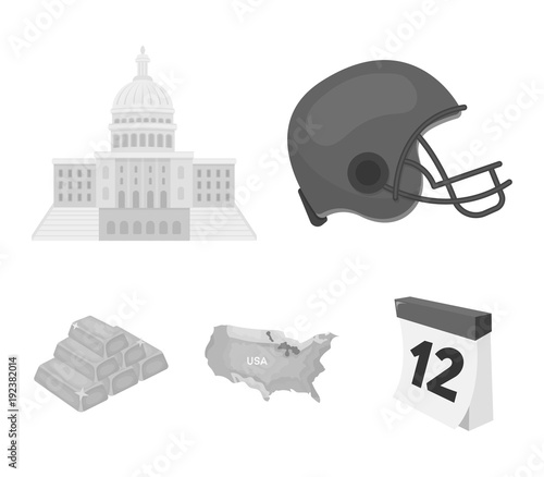 Football player's helmet, capitol, territory map, gold and foreign exchange. USA Acountry set collection icons in monochrome style vector symbol stock illustration web. photo