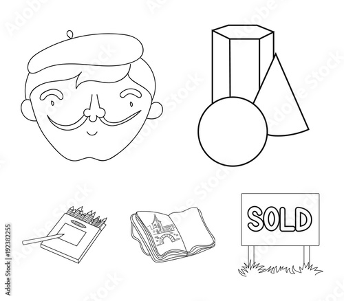 Geometric still life, a self-portrait of the artist, a notebook with drawings, a box of colored pencils.Artist and drawing set collection icons in outline style vector symbol stock illustration web.