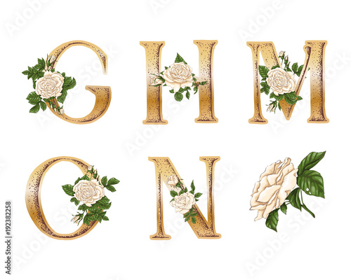 White Roses gold letters. Hand draw. Vector alphabet