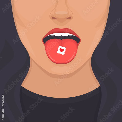 vector illustration of love addiction pill on tongue, sexy woman lips ,open mouth 