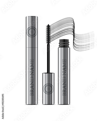 A mascara tube and a wand applicator. Cosmetic silver bottle with eyelash brush. Isolated on white background. Grunge swatch, black wavy brush stroke hand drawn.