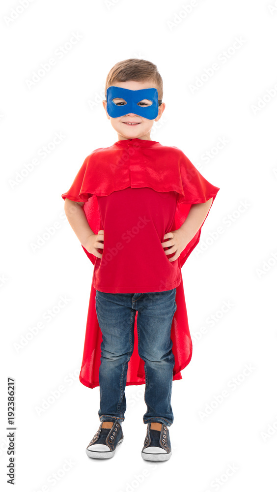 Cute boy in superhero costume on white background Cute boy in superhero costume on white background