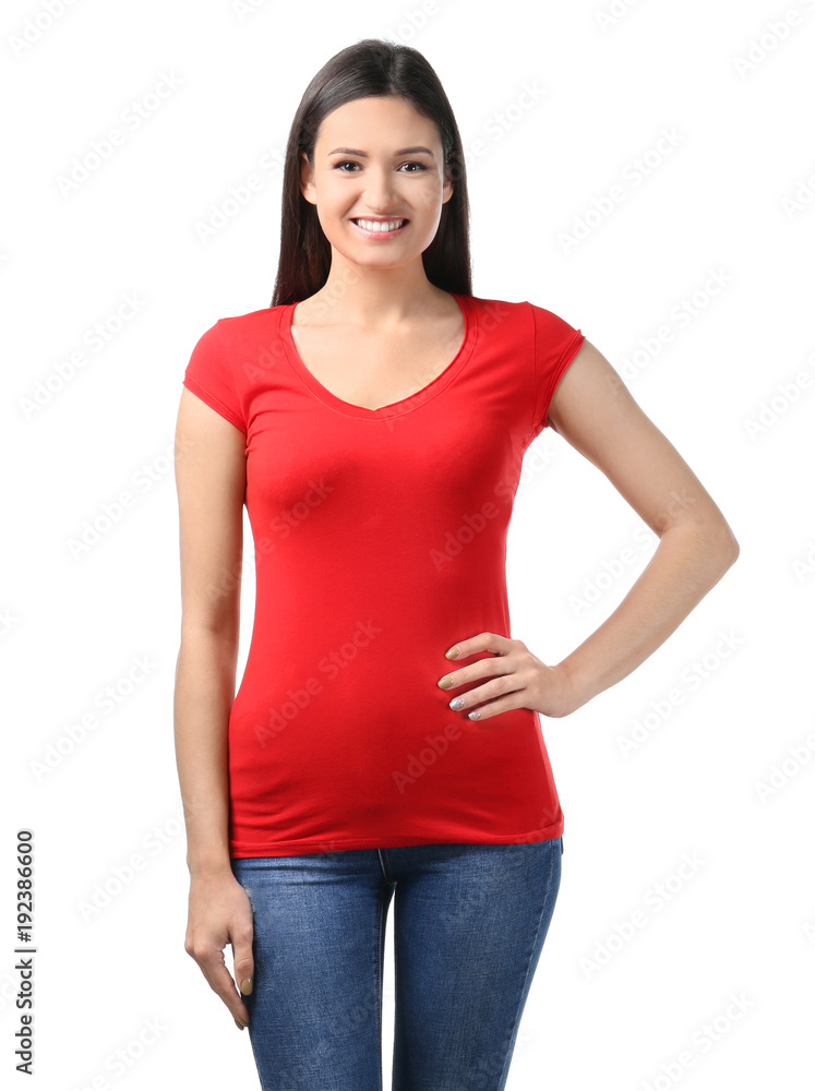 Young woman in stylish t-shirt on white background. Mockup for design Young woman in stylish t-shirt on white background. Mockup for design