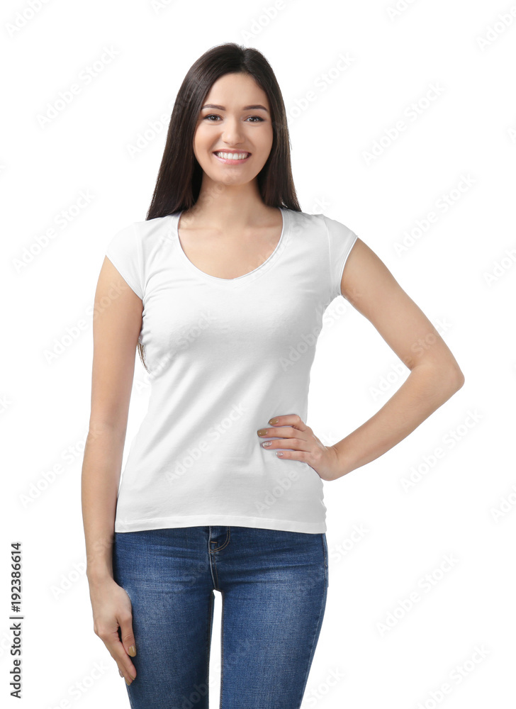 Obraz premium Young woman in stylish t-shirt on white background. Mockup for design