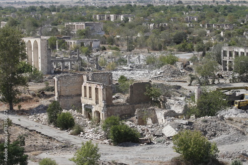 Ruined soviet-era buildings in Agdam, ghost town in Nagorno-Karabakh (Artsakh) republic