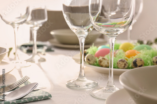 Beautiful festive Easter table setting, closeup