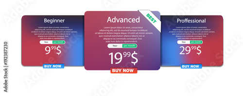 Price list set, Tariff plan, Pricing table for business. Clean modern UI UX design template, vector element for web interface or app.