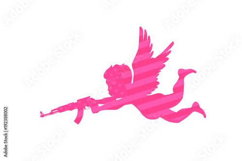 Illustration of cupid with rifle on a American flag.