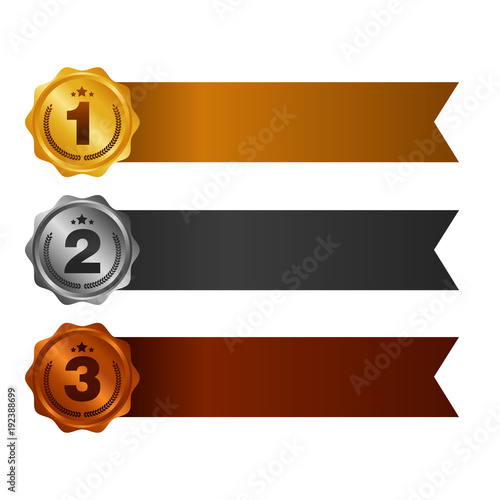 First place. Second place. Third place. Award Medals Set isolated on white with ribbons and stars. Vector illustration.