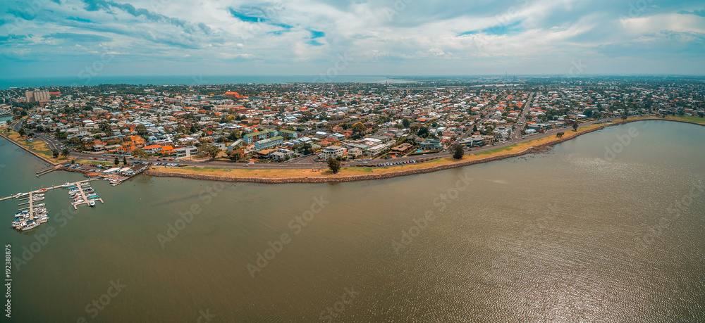 Aerial panoramic view of Williamstown coastal suburb and yacht club in Melbourne, Australia