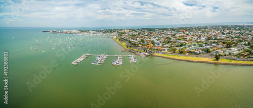 Aerial panorama of Williamstown coastal suburb and yacht club in Melbourne, Australia