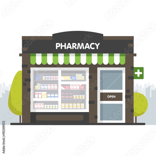 Facade of pharmacy in the urban space, the sale of drugs and pills. Template concept for the website, advertising and sales.