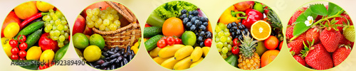 Panorama fresh fruits and vegetables in round frame on blurred background.