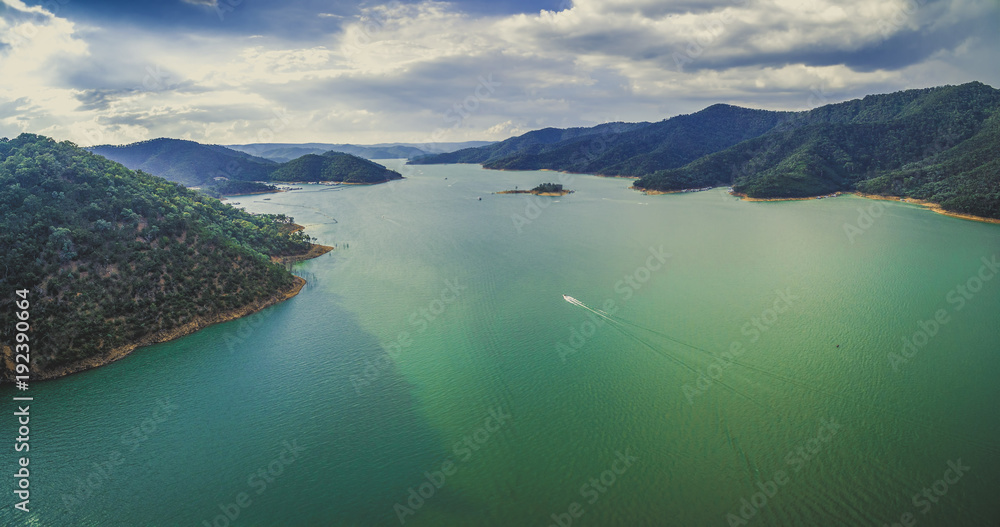 Aerial panorama of beautiful lake in the mountains