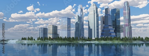 Panorama of a modern city over water, skyscrapers against the sky in the sea