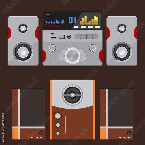 Acoustic sound system stereo flat vector music loudspeakers player subwoofer equipment technology.